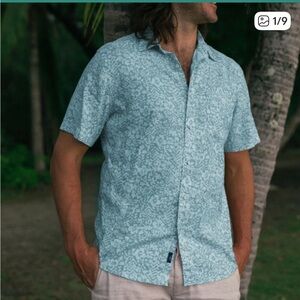 Faherty Sea Breeze Hemp Shirt Sz M w MEASUREMENTS Teal Waters, w Pocket, Logo